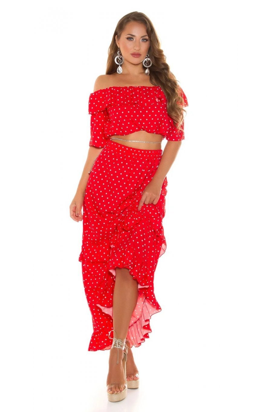 Tinuta din piese, rosie cu bulinute albe, fusta lunga si top, Esmeralda Tinuta din piese, rosie cu bulinute albe, fusta lunga si top, Esmeralda 1 - jojofashion.ro