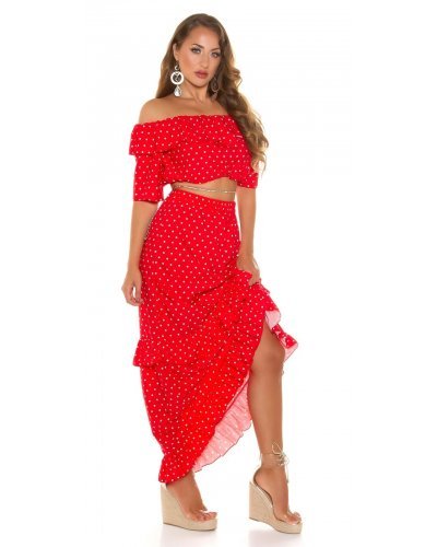 Tinuta din piese, rosie cu bulinute albe, fusta lunga si top, Esmeralda - jojofashion.ro