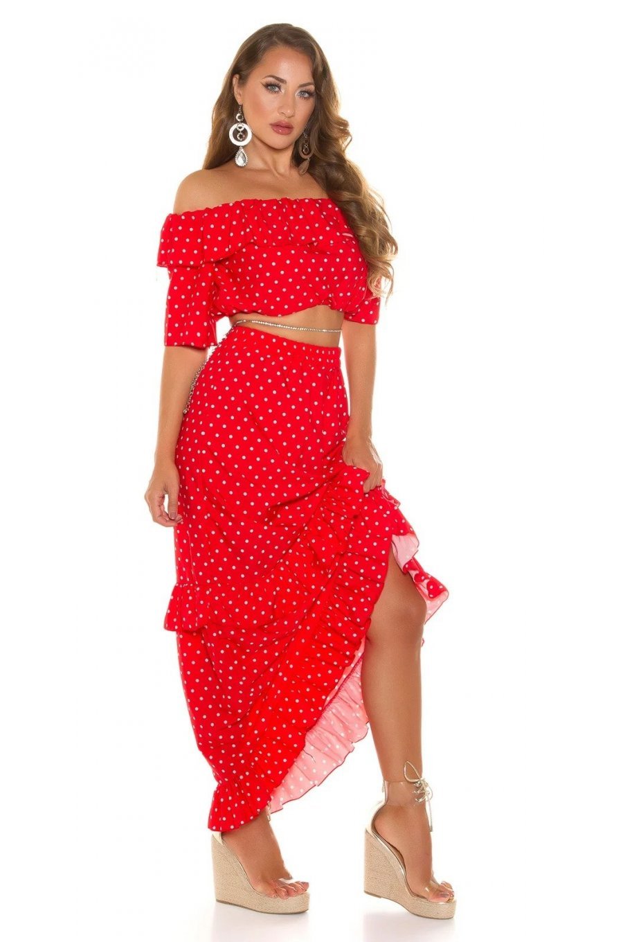 Tinuta din piese, rosie cu bulinute albe, fusta lunga si top, Esmeralda Tinuta din piese, rosie cu bulinute albe, fusta lunga si top, Esmeralda 2 - jojofashion.ro