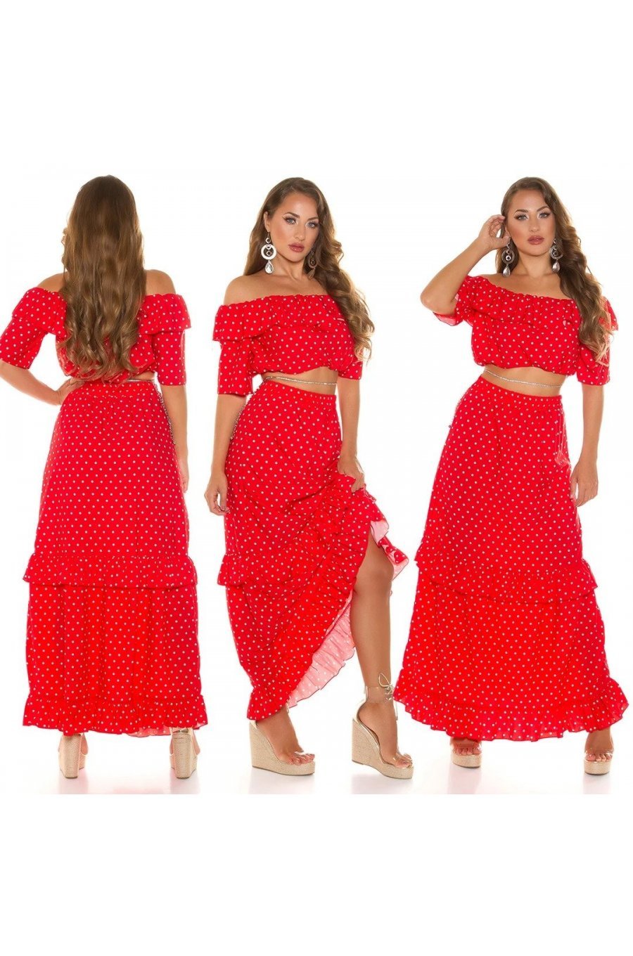 Tinuta din piese, rosie cu bulinute albe, fusta lunga si top, Esmeralda Tinuta din piese, rosie cu bulinute albe, fusta lunga si top, Esmeralda 4 - jojofashion.ro