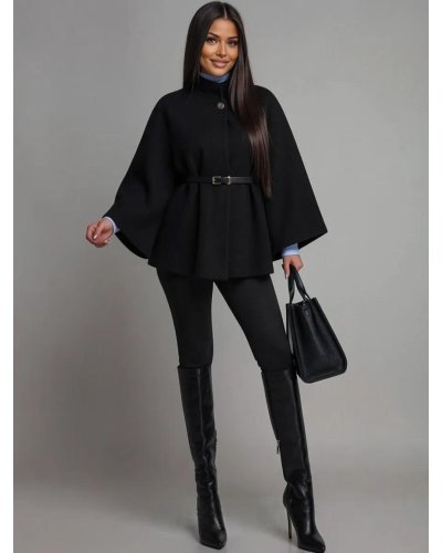 Capa dama din stofa neagra eleganta cu guler inalt si curea Camelya - jojofashion.ro