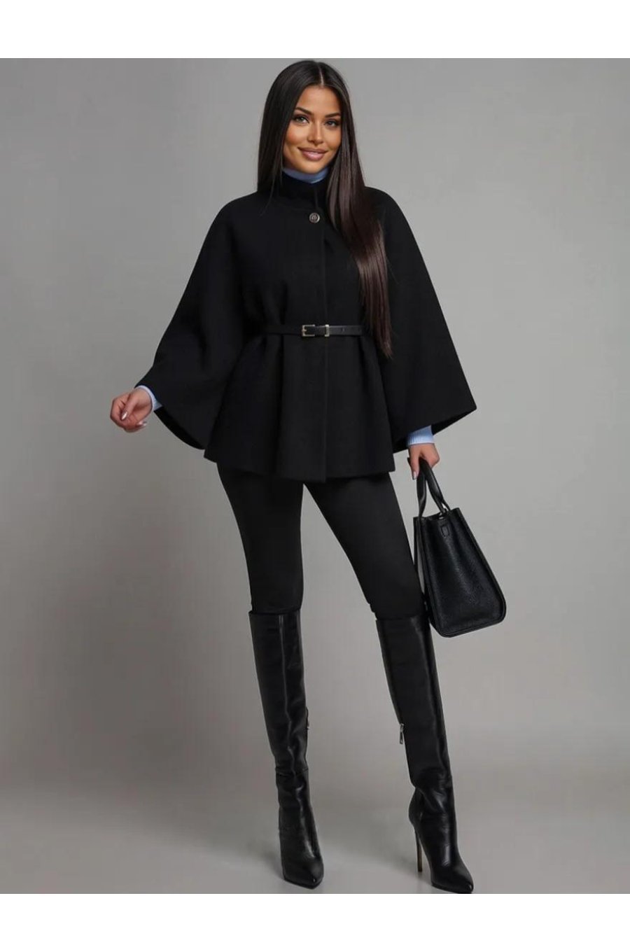 Capa dama din stofa neagra eleganta cu guler inalt si curea Camelya 1 - jojofashion.ro
