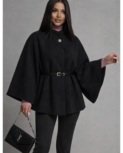 Paltoane dama, Capa dama din stofa neagra eleganta cu guler inalt si curea Camelya - jojofashion.ro