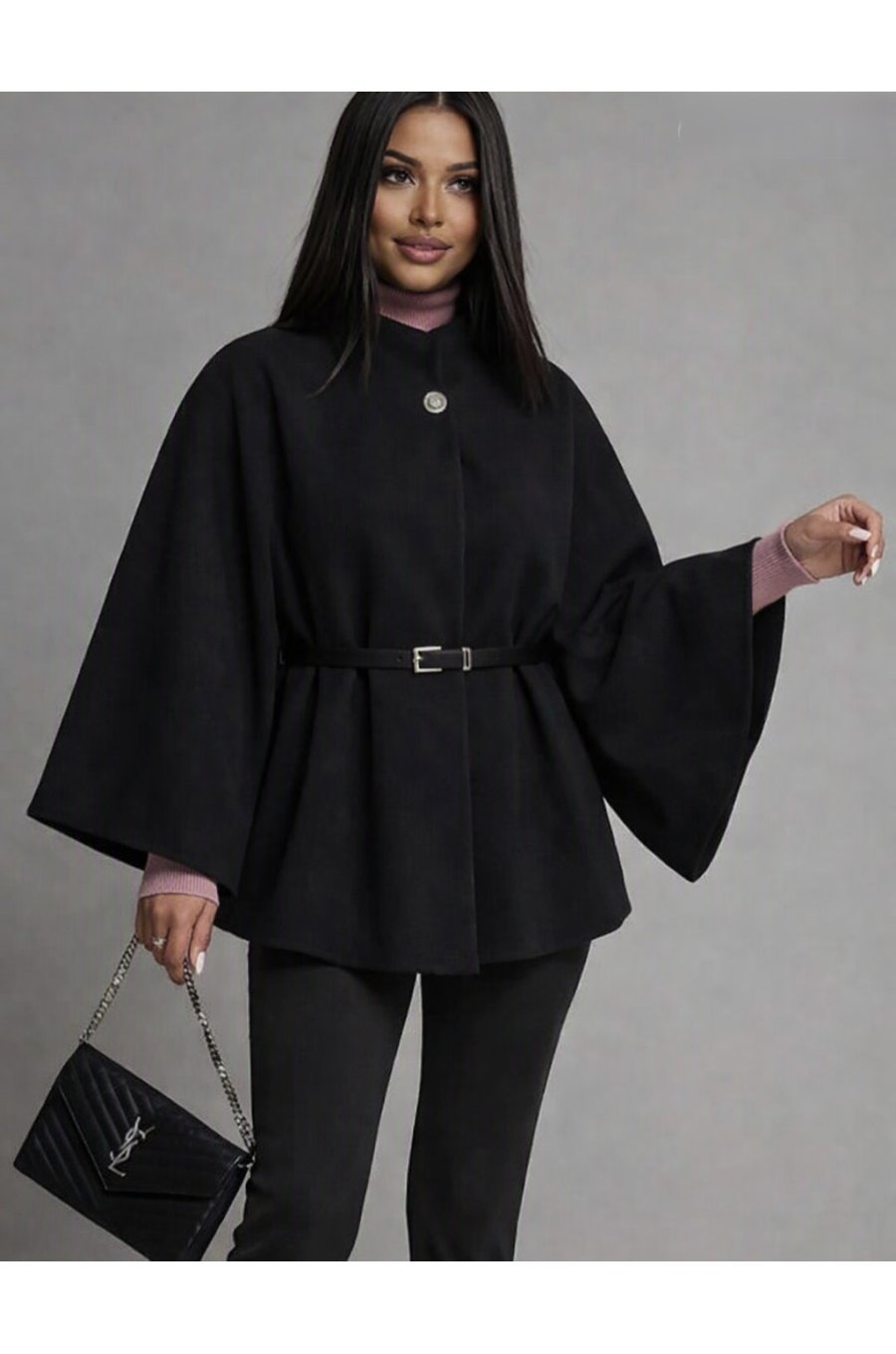 Capa dama din stofa neagra eleganta cu guler inalt si curea Camelya 2 - jojofashion.ro