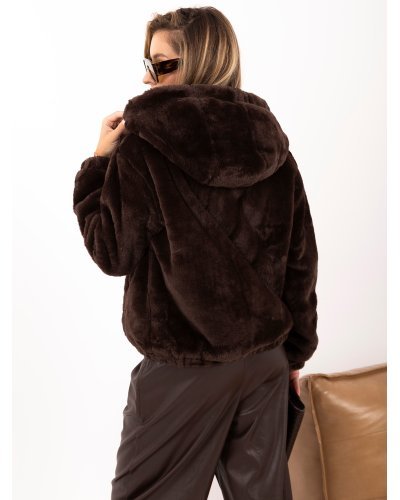 Geci dama, Geaca dama blana eco teddybear maro scurta cu gluga si buzunare Rosary - jojofashion.ro
