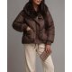 Geaca dama de iarna maro matlasata scurta cu guler din blana ecologica Elissa 3 - jojofashion.ro