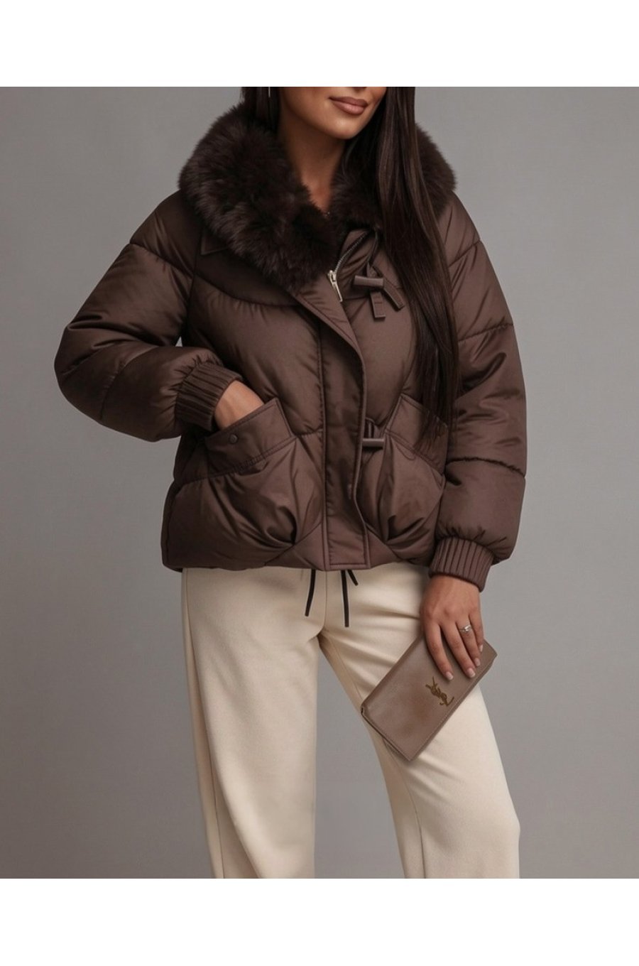 Geaca dama de iarna maro matlasata scurta cu guler din blana ecologica Elissa 2 - jojofashion.ro