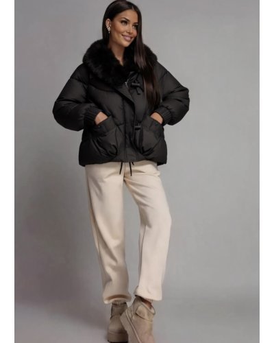 Geci dama, Geaca dama de iarna matlasata neagra scurta cu guler din blana eco Elissa - jojofashion.ro