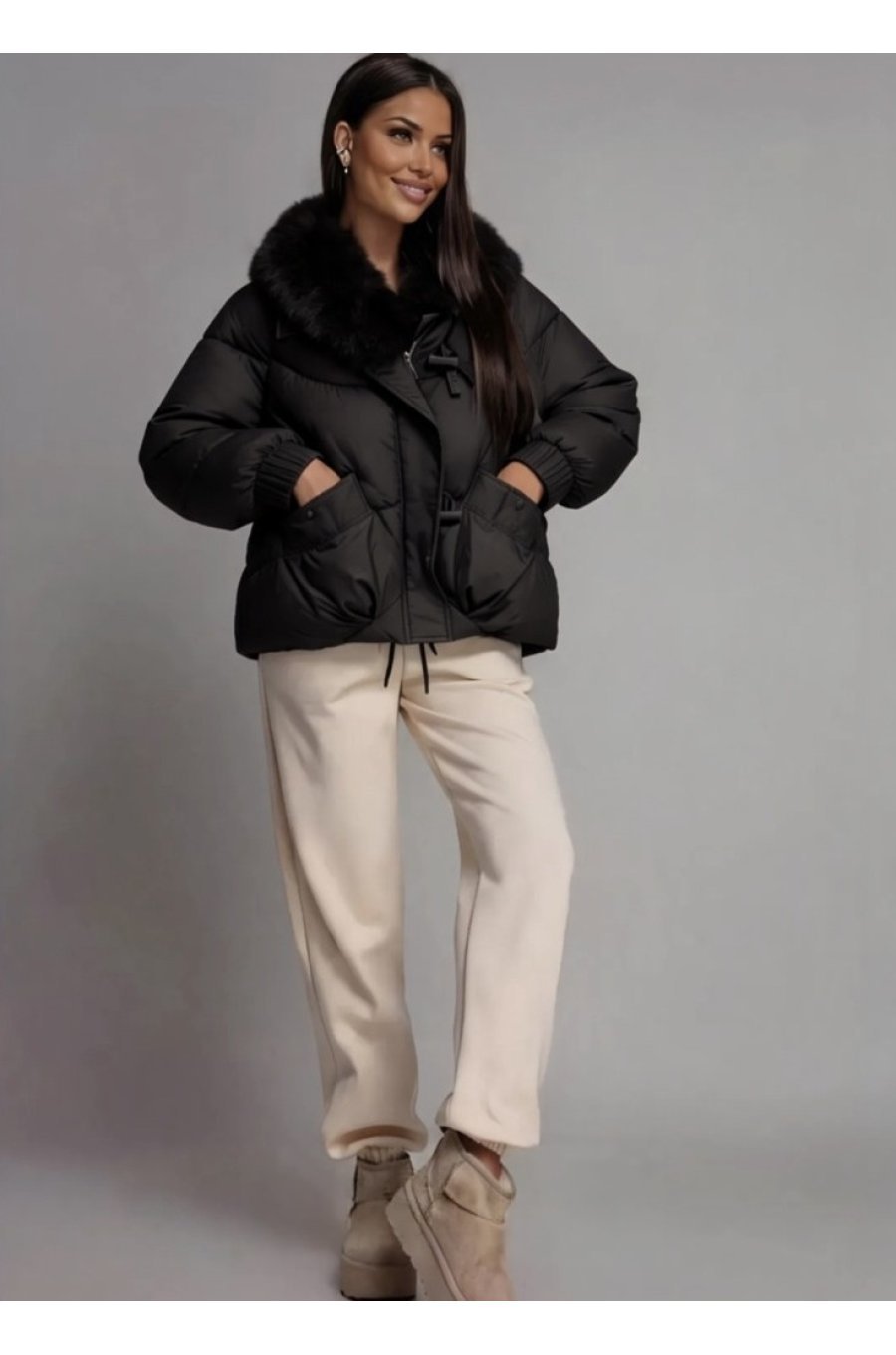 Geaca dama de iarna matlasata neagra scurta cu guler din blana eco Elissa 1 - jojofashion.ro