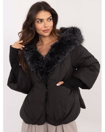 Geci dama, Geaca dama de iarna neagra cu gluga si blana eco Solenne - jojofashion.ro
