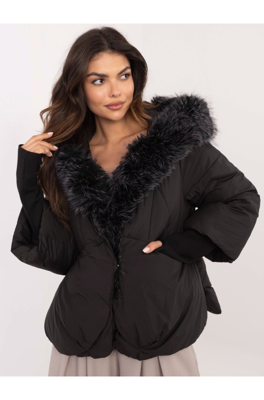 Geaca dama de iarna neagra cu gluga si blana eco Solenne 1 - jojofashion.ro