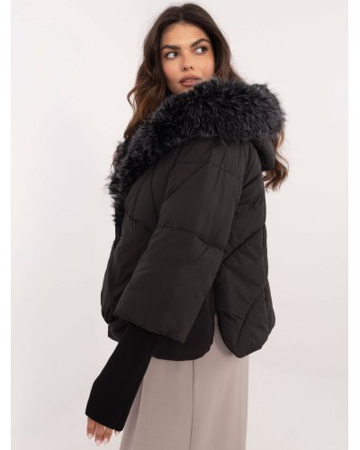 Geci dama, Geaca dama de iarna neagra cu gluga si blana eco Solenne - jojofashion.ro