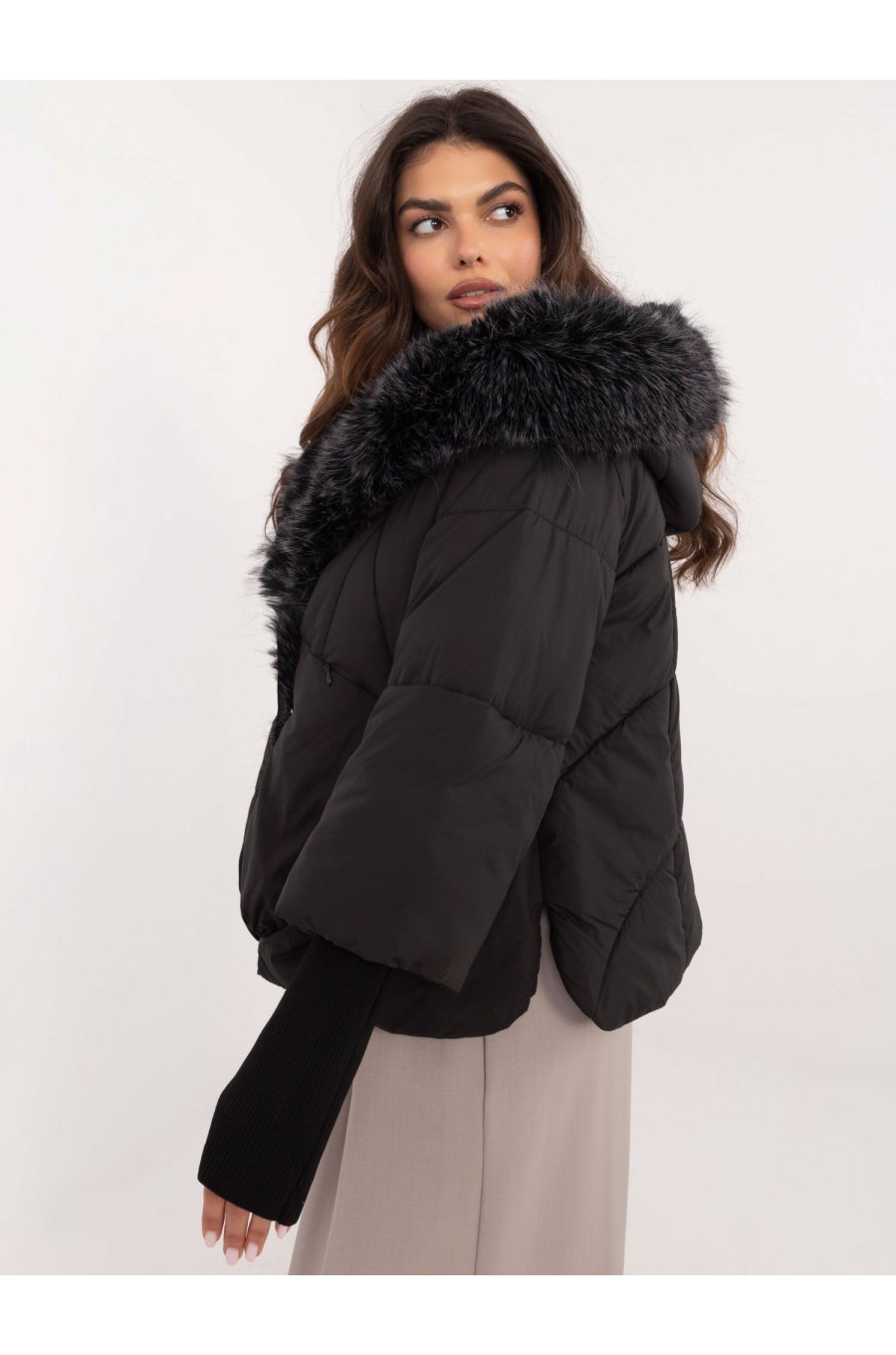 Geaca dama de iarna neagra cu gluga si blana eco Solenne 2 - jojofashion.ro