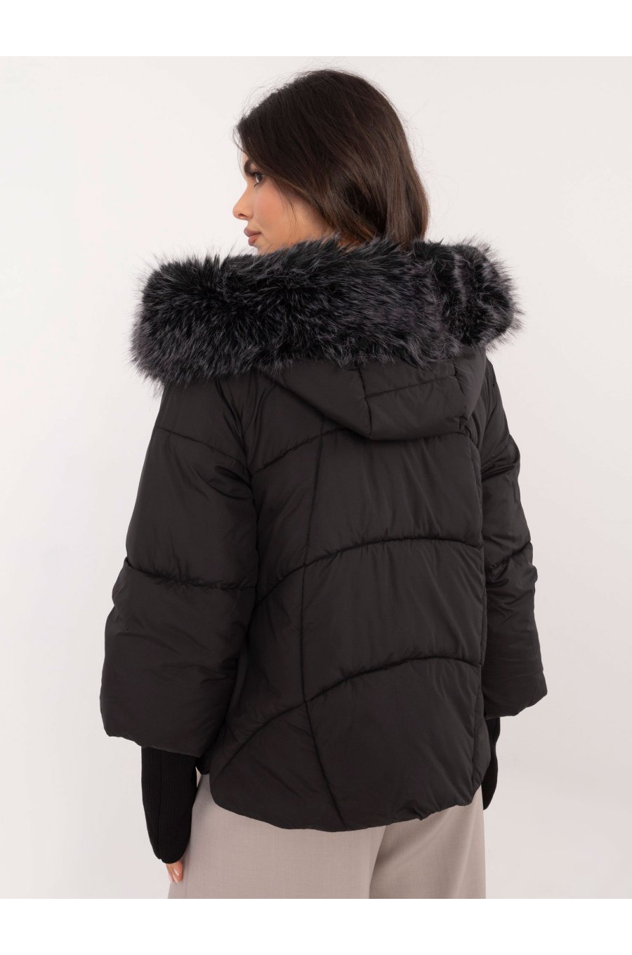 Geaca dama de iarna neagra cu gluga si blana eco Solenne 3 - jojofashion.ro