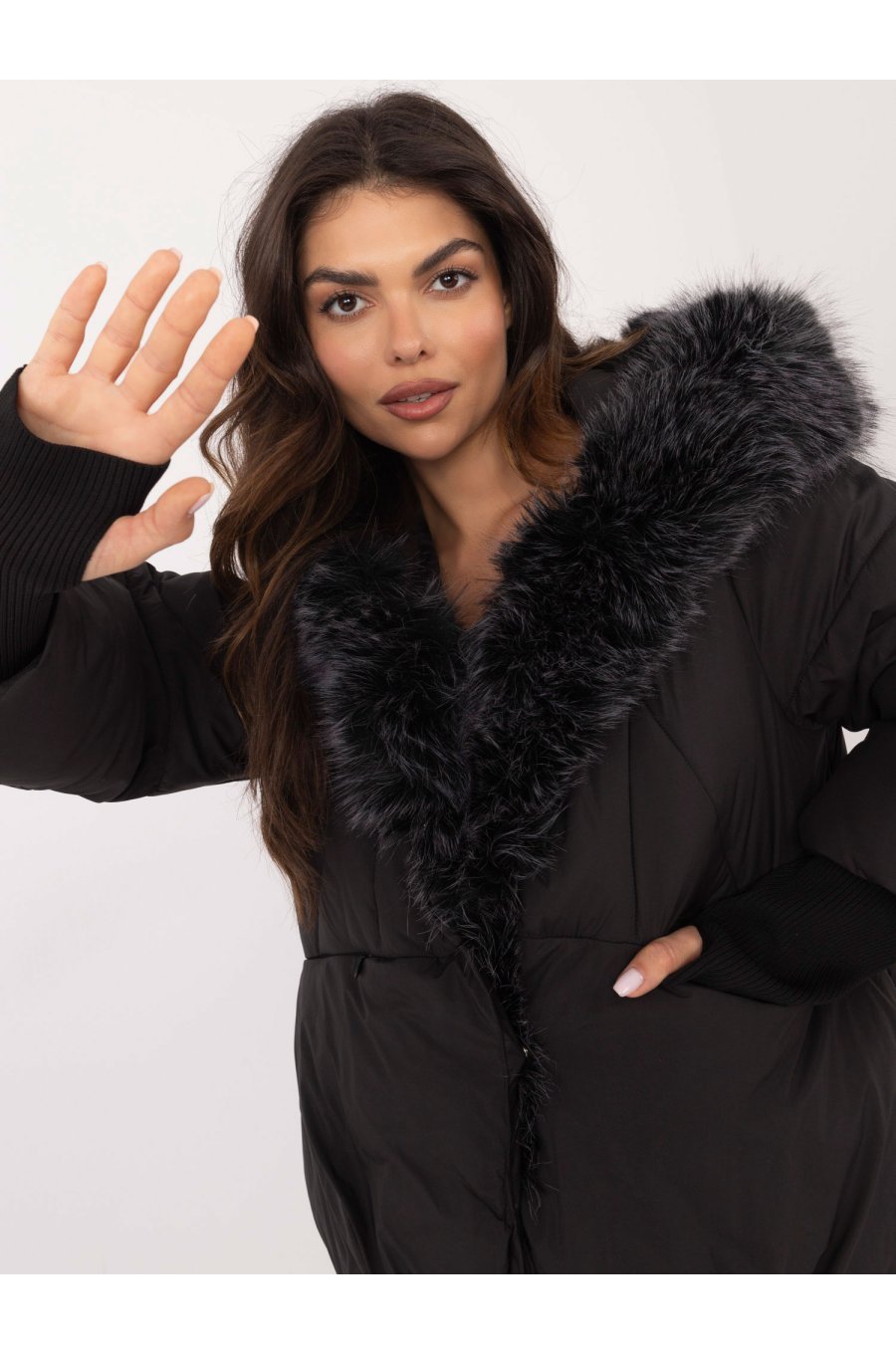 Geaca dama de iarna neagra cu gluga si blana eco Solenne 4 - jojofashion.ro