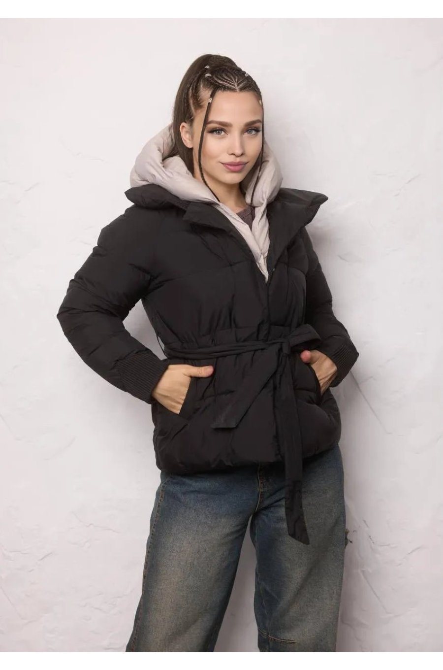 Geaca dama de iarna din fas neagra matlasata cu gluga Elysia 1 - jojofashion.ro