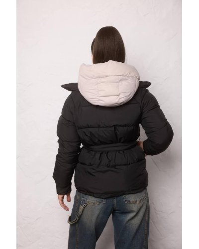 Geci dama, Geaca dama de iarna din fas neagra matlasata cu gluga Elysia - jojofashion.ro