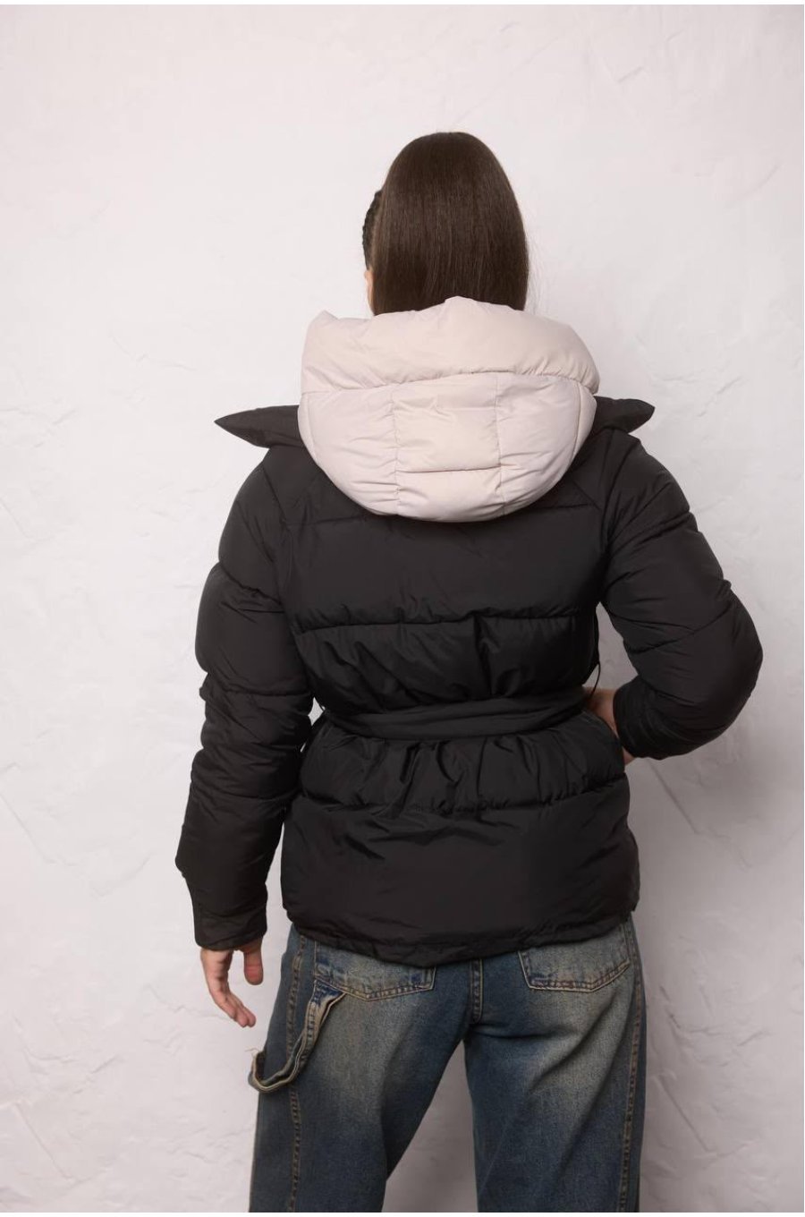 Geaca dama de iarna din fas neagra matlasata cu gluga Elysia 2 - jojofashion.ro