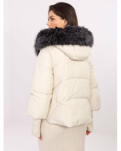 Geci dama, Geaca dama iarna bej cu gluga si blana eco Solenne - jojofashion.ro