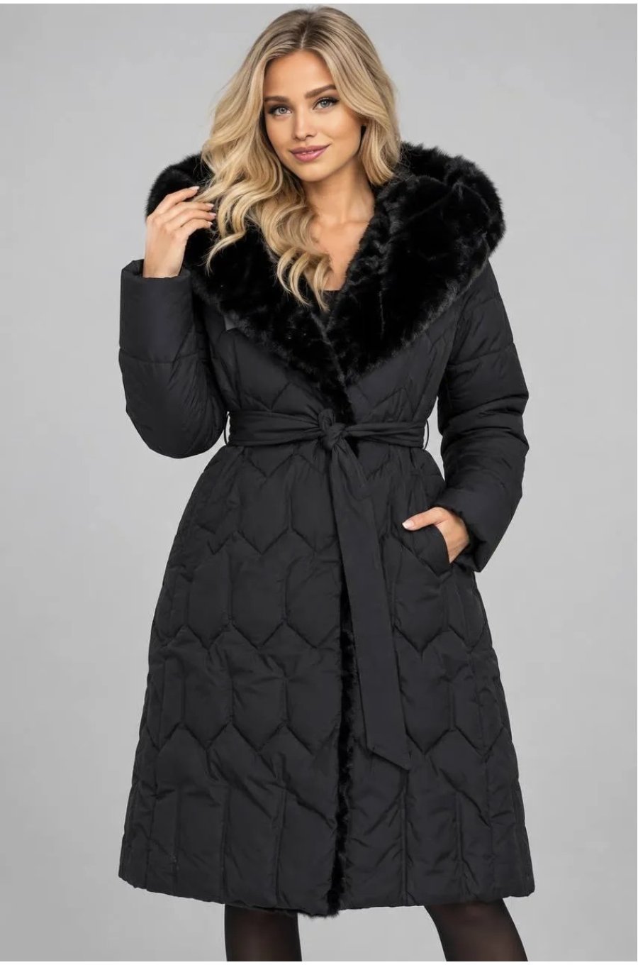 Geaca dama lunga neagra matlasata cu gluga si blana eco Eira 3 - jojofashion.ro