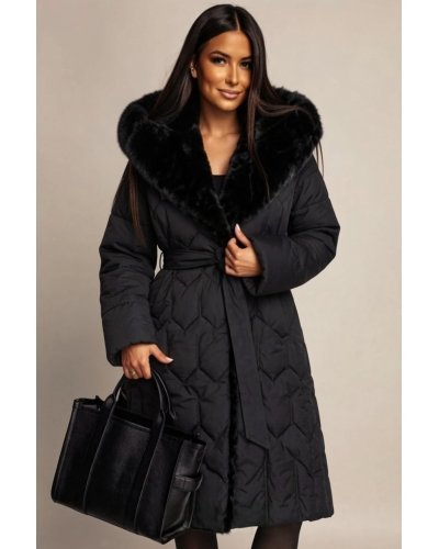 Geaca dama lunga neagra matlasata cu gluga si blana eco Eira - jojofashion.ro