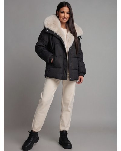 Geci dama, Geaca dama de iarna parka neagra scurta cu blanita eco bej si gluga Sydney - jojofashion.ro