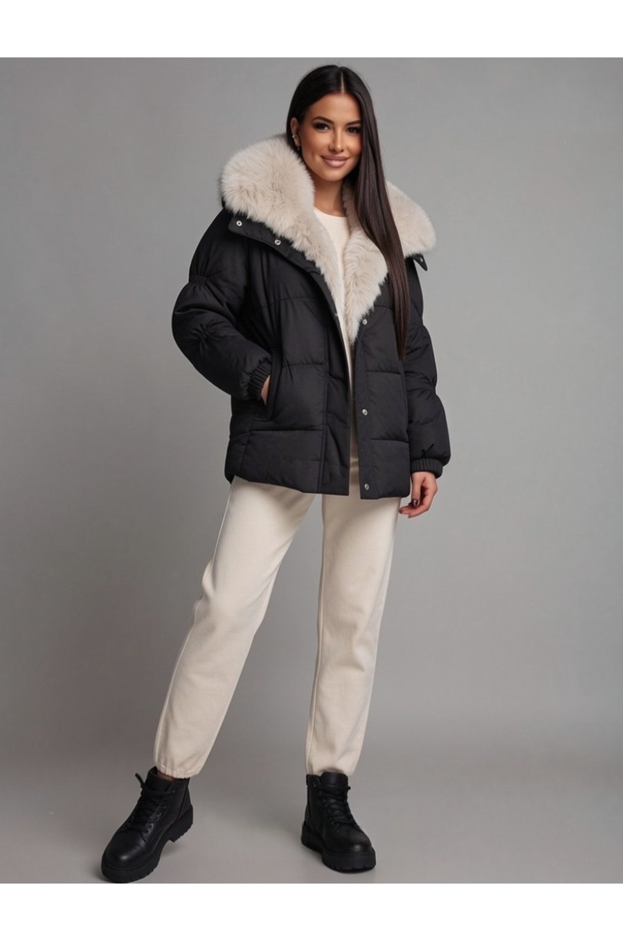Geaca dama de iarna parka neagra scurta cu blanita eco bej si gluga Sydney 1 - jojofashion.ro