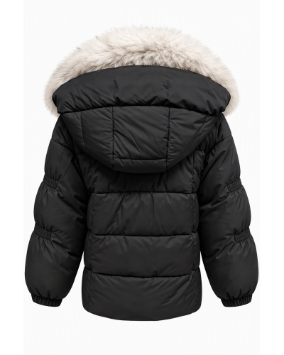 Geci dama, Geaca dama de iarna parka neagra scurta cu blanita eco bej si gluga Sydney - jojofashion.ro