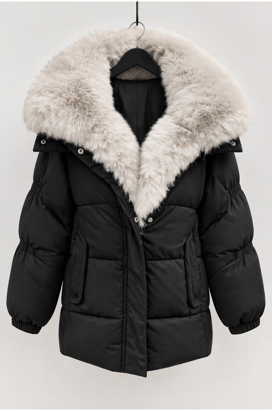Geaca dama de iarna parka neagra scurta cu blanita eco bej si gluga Sydney 3 - jojofashion.ro