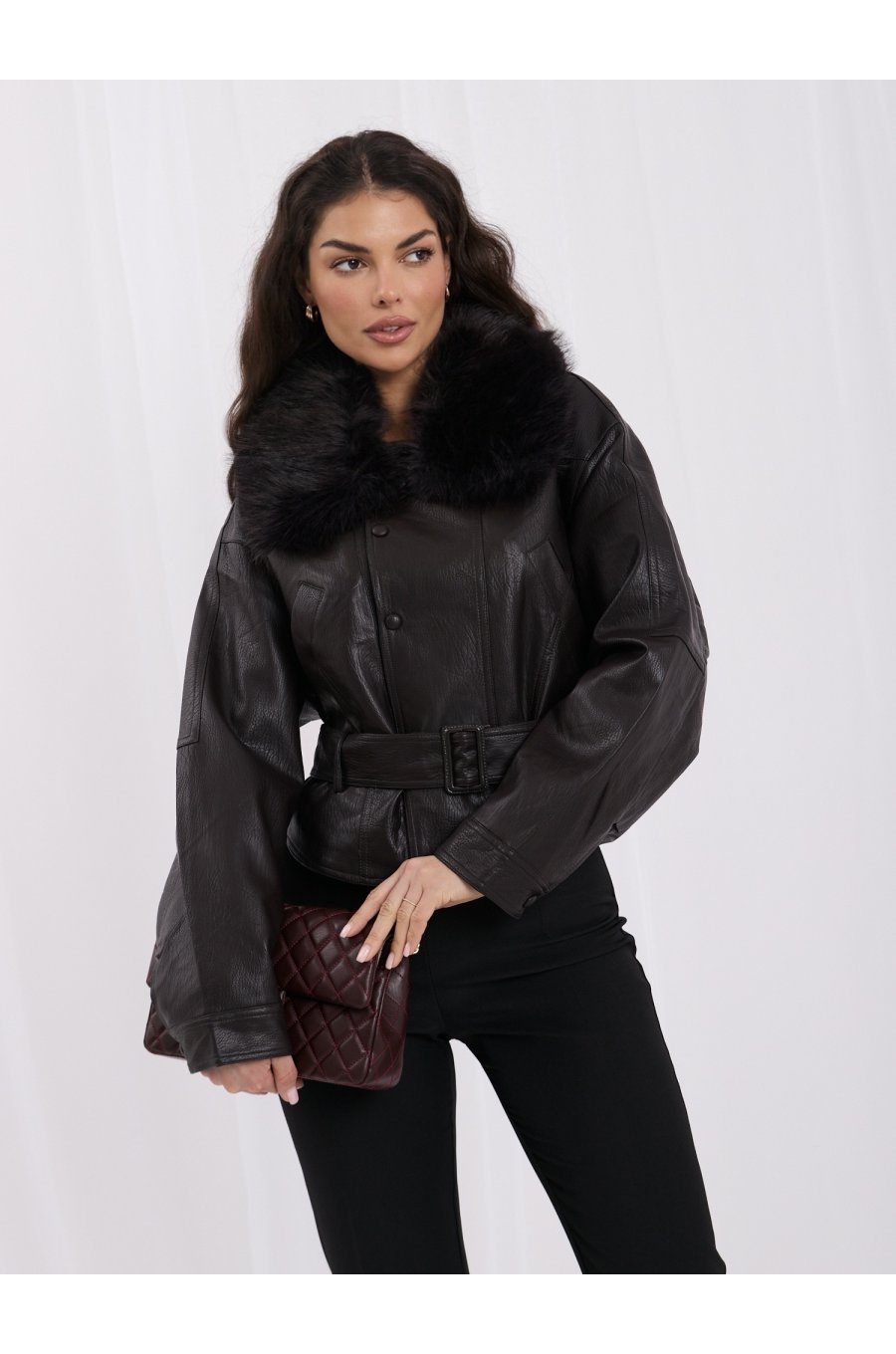 Geaca dama piele eco scurta maro cu guler din blana si centura Yuki 1 - jojofashion.ro