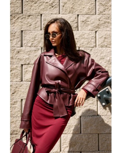 Geaca dama piele eco scurta burgundy cu cordon LorinaR Geci dama, Geaca dama piele eco scurta burgundy cu cordon LorinaR - jojofashion.ro