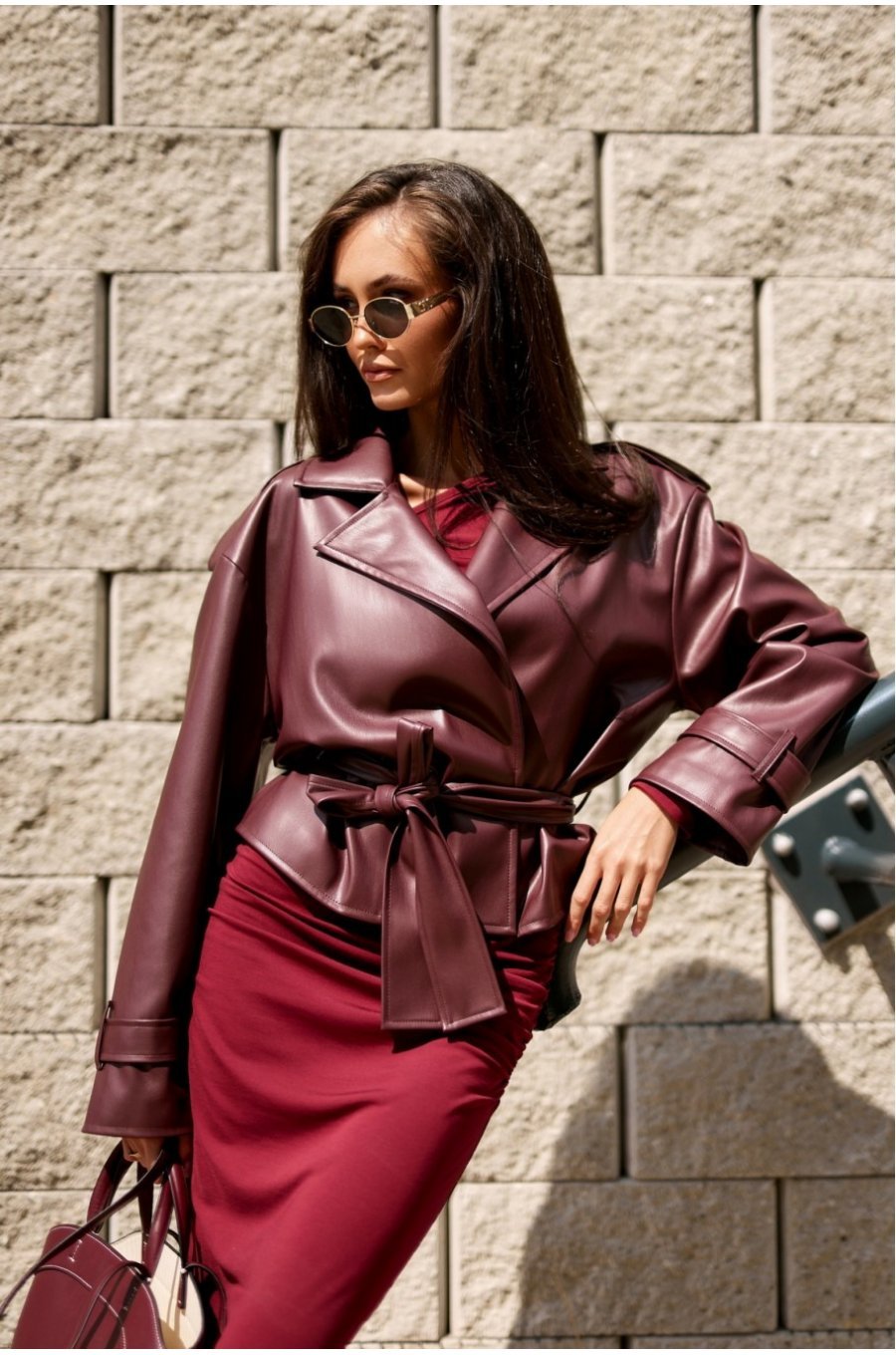 Geaca dama piele eco scurta burgundy cu cordon LorinaR 1 - jojofashion.ro