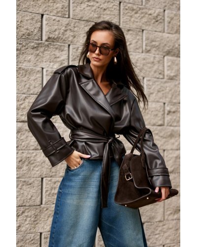 Geaca dama piele eco scurta maro cu cordon in talie LorinaR Geci dama, Geaca dama piele eco scurta maro cu cordon in talie LorinaR - jojofashion.ro