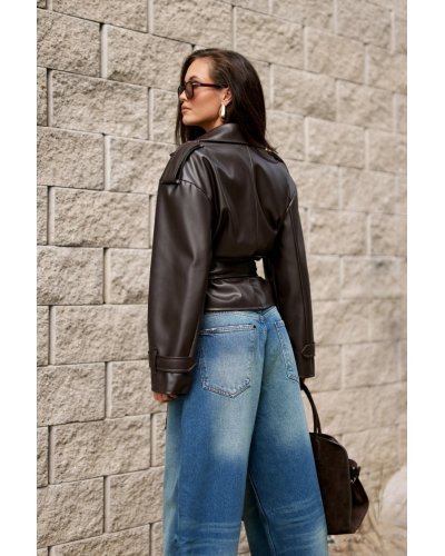 Geaca dama piele eco scurta maro cu cordon in talie LorinaR Geci dama, Geaca dama piele eco scurta maro cu cordon in talie LorinaR - jojofashion.ro