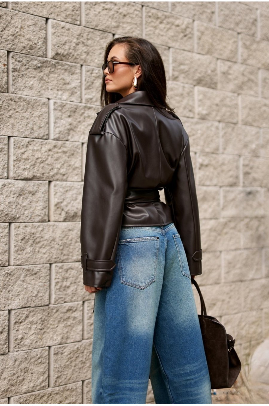 Geaca dama piele eco scurta maro cu cordon in talie LorinaR 2 - jojofashion.ro