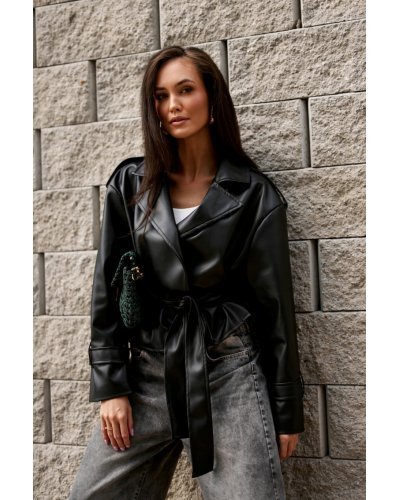 Geaca dama piele eco scurta neagra cu cordon in talie LorinaR Geci dama, Geaca dama piele eco scurta neagra cu cordon in talie LorinaR - jojofashion.ro