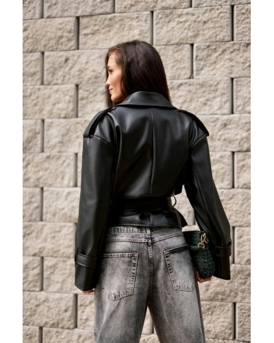 Geaca dama piele eco scurta neagra cu cordon in talie LorinaR Geci dama, Geaca dama piele eco scurta neagra cu cordon in talie LorinaR - jojofashion.ro