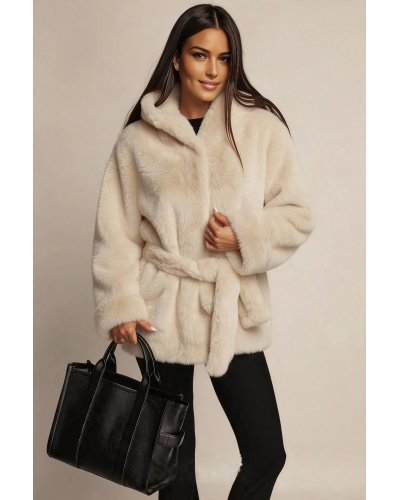 Geci dama, Geaca de iarna din blana eco bej tip cojoc cu gluga si cordon Alizeea - jojofashion.ro