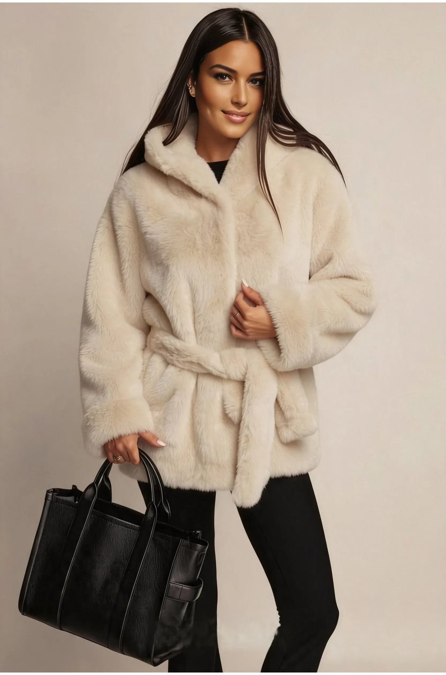 Geaca de iarna din blana eco bej tip cojoc cu gluga si cordon Alizeea 1 - jojofashion.ro