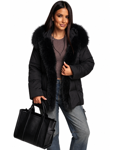 Geci dama, Geaca parka dama scurta matlasta neagra cu blana eco si gluga Alyona  - jojofashion.ro