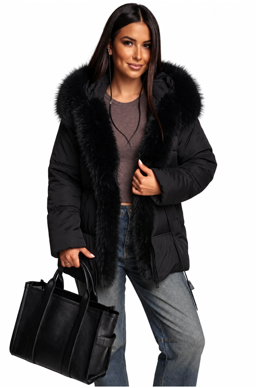 Geaca parka dama scurta matlasta neagra cu blana eco si gluga Alyona  1 - jojofashion.ro