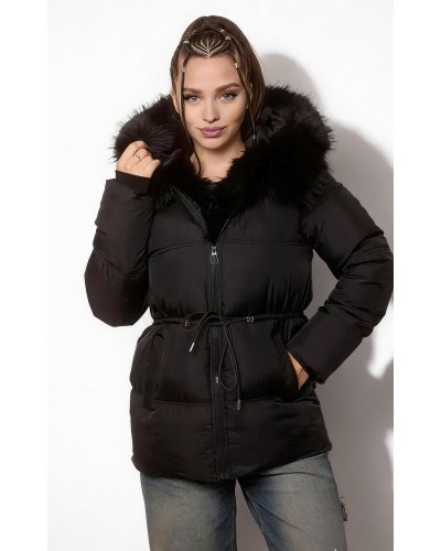 Geci dama, Geaca parka dama scurta matlasta neagra cu blana eco si gluga Alyona  - jojofashion.ro