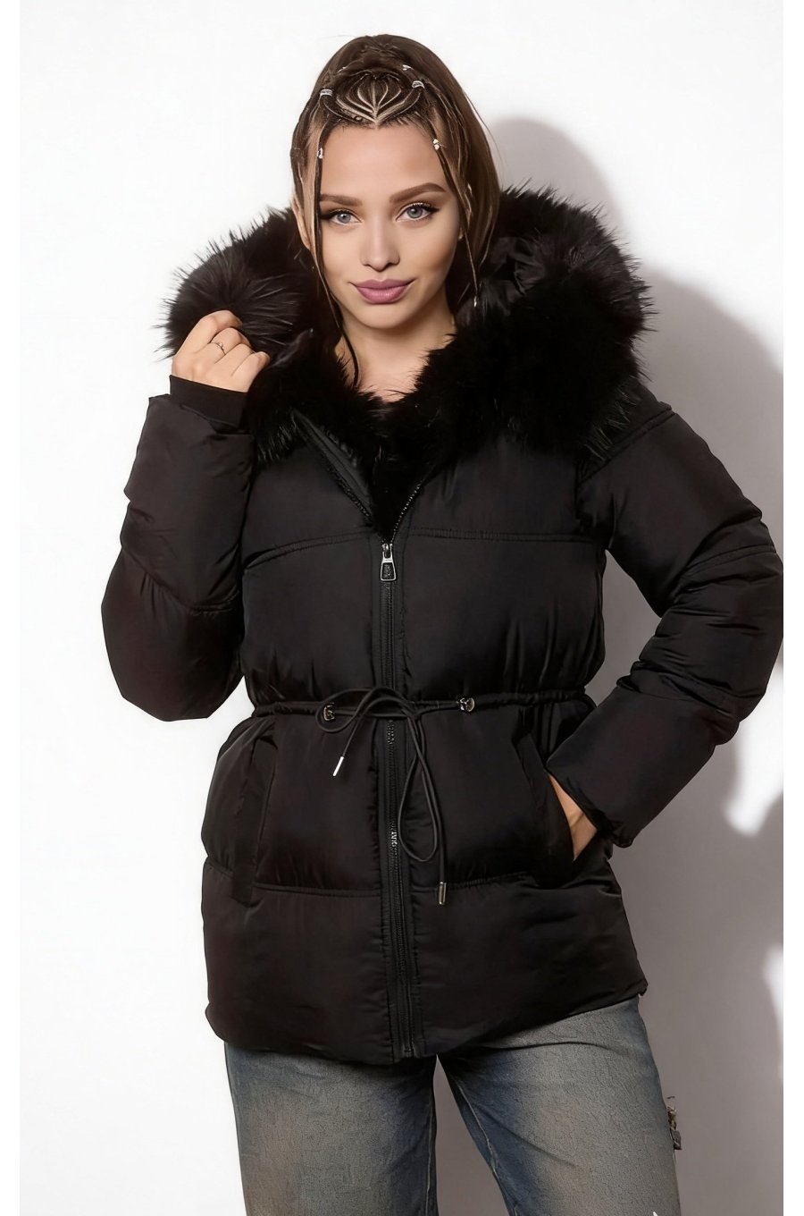 Geaca parka dama scurta matlasta neagra cu blana eco si gluga Alyona  2 - jojofashion.ro