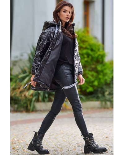 Geaca dama de iarna matlasata, lucioasa, neagra, cu gluga, Bianca Geaca dama de iarna matlasata, lucioasa, neagra, cu gluga, Bianca - jojofashion.ro