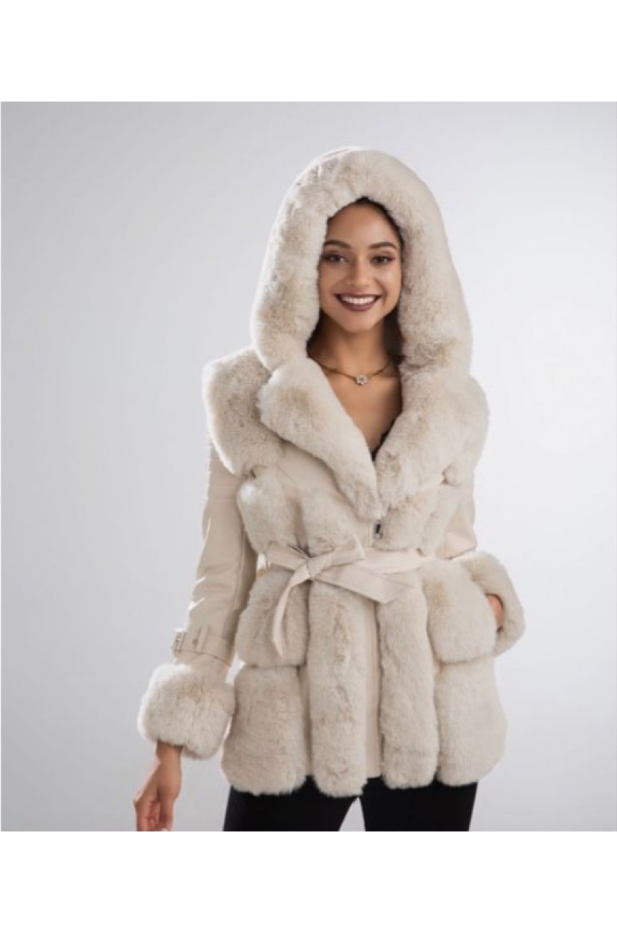 Geaca dama de iarna cu blanita bej si gluga Vilma 3 - jojofashion.ro