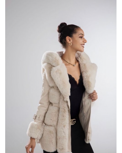Geaca dama de iarna cu blanita bej si gluga Vilma Geci dama, Geaca dama de iarna cu blanita bej si gluga Vilma - jojofashion.ro