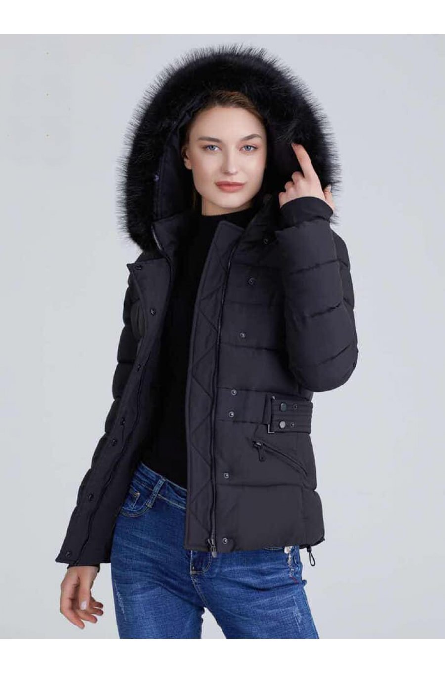 Geaca dama de iarna neagra cu gluga si blanita Kajsa 1 - jojofashion.ro