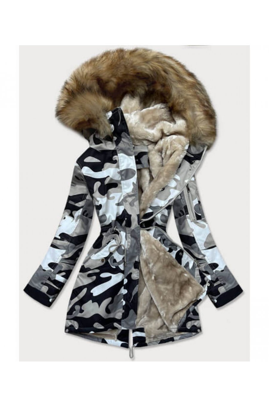 Geaca dama parka camuflaj cu blanita bej Innes 1 - jojofashion.ro