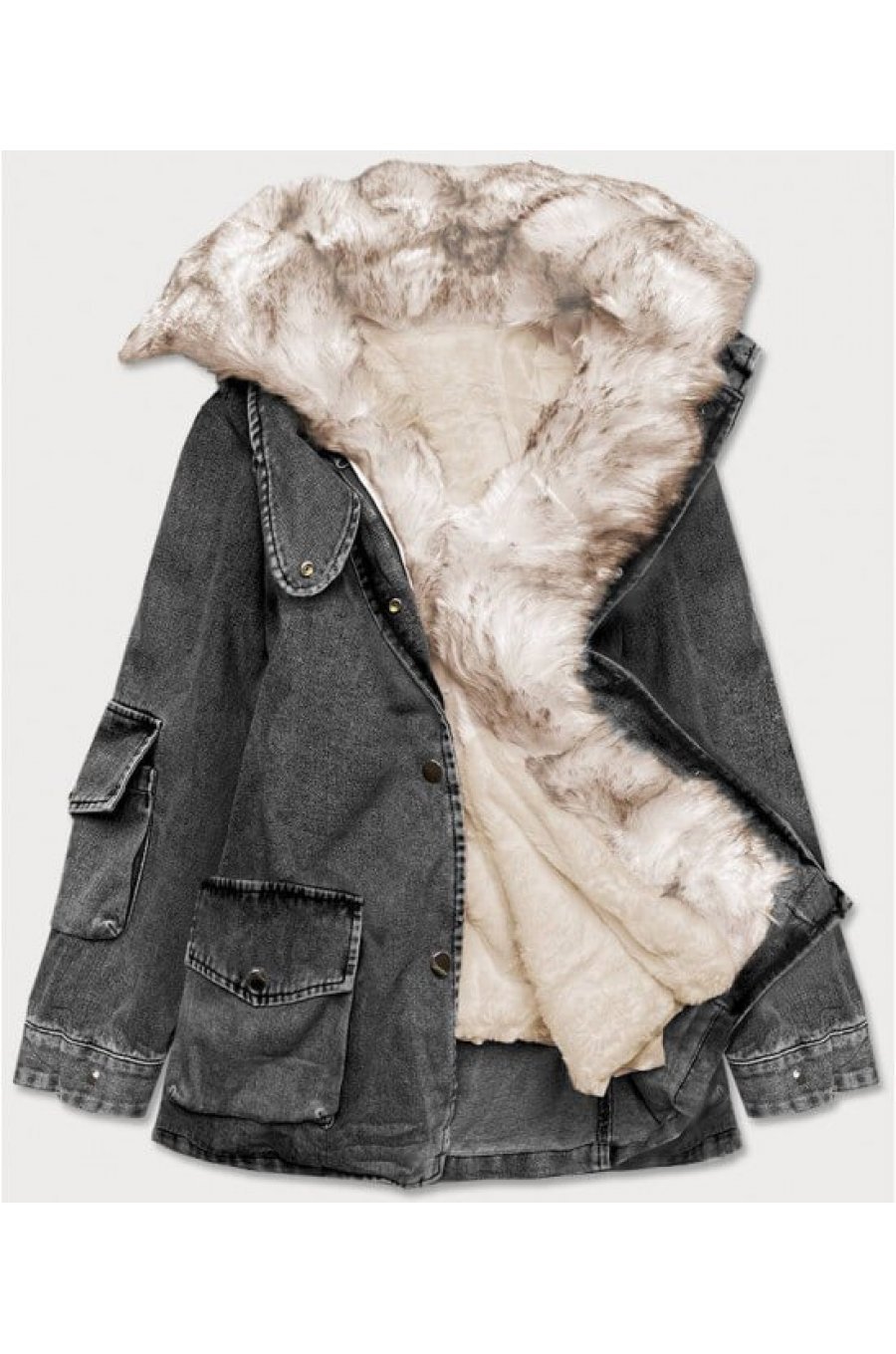 Geaca dama oversize denim negru cu guler din blanita bej Nicky 6 - jojofashion.ro