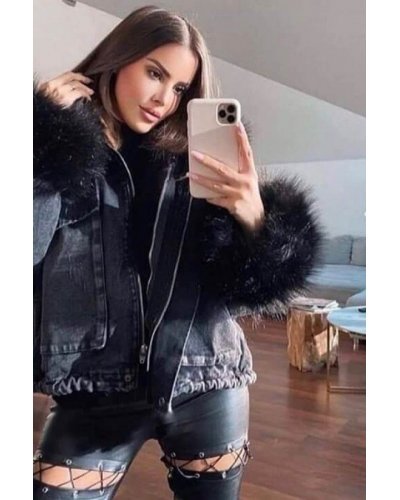Geaca dama din denim negru cu blanita eco si gluga Sara Geci dama, Geaca dama din denim negru cu blanita eco si gluga Sara - jojofashion.ro